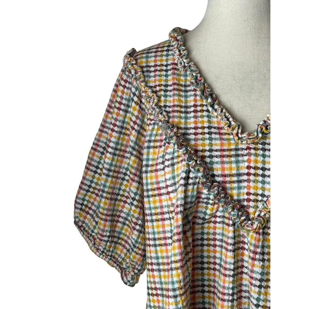 Old Navy Ruffle Dobby Gingham Top Women Medium White Cotton Puff Sleeve Cotton